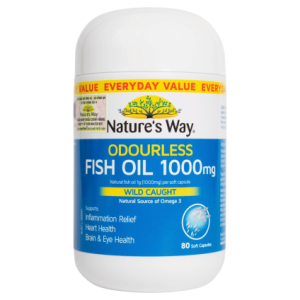 Dầu cá không mùi Nature's Way Fish Oil 1000mg bổ sung DHA, EPA hỗ trợ phát triển trí não, tăng thị lực, bảo vệ tim mạch và cải thiện sức khỏe tổng thể.
